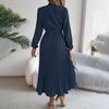 Autumn Winter Women Long Sleeve Solid Pleated High Waist A Line Stand Collar Long Dress S-XXXL