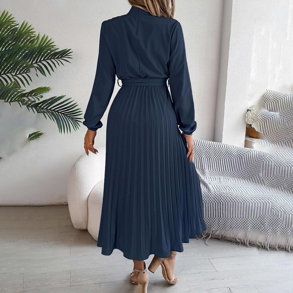 Autumn Winter Women Long Sleeve Solid Pleated High Waist A Line Stand Collar Long Dress S-XXXL