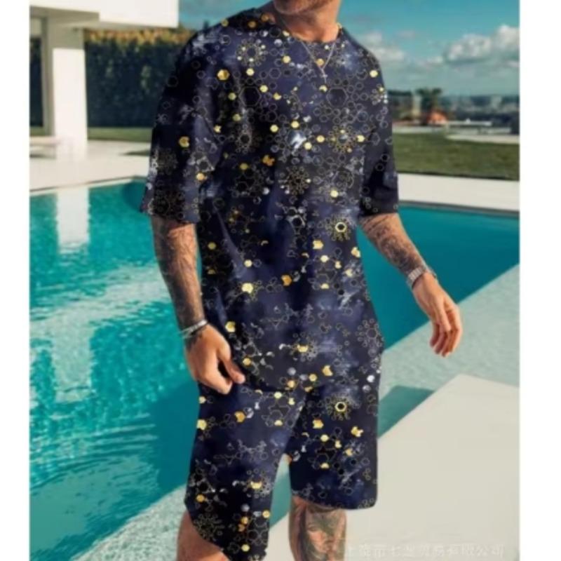 Men's Casual Shorts Set Multi-color 3D Digital Print Leopard Men's Casual Short Sleeve Top + Beach Pants