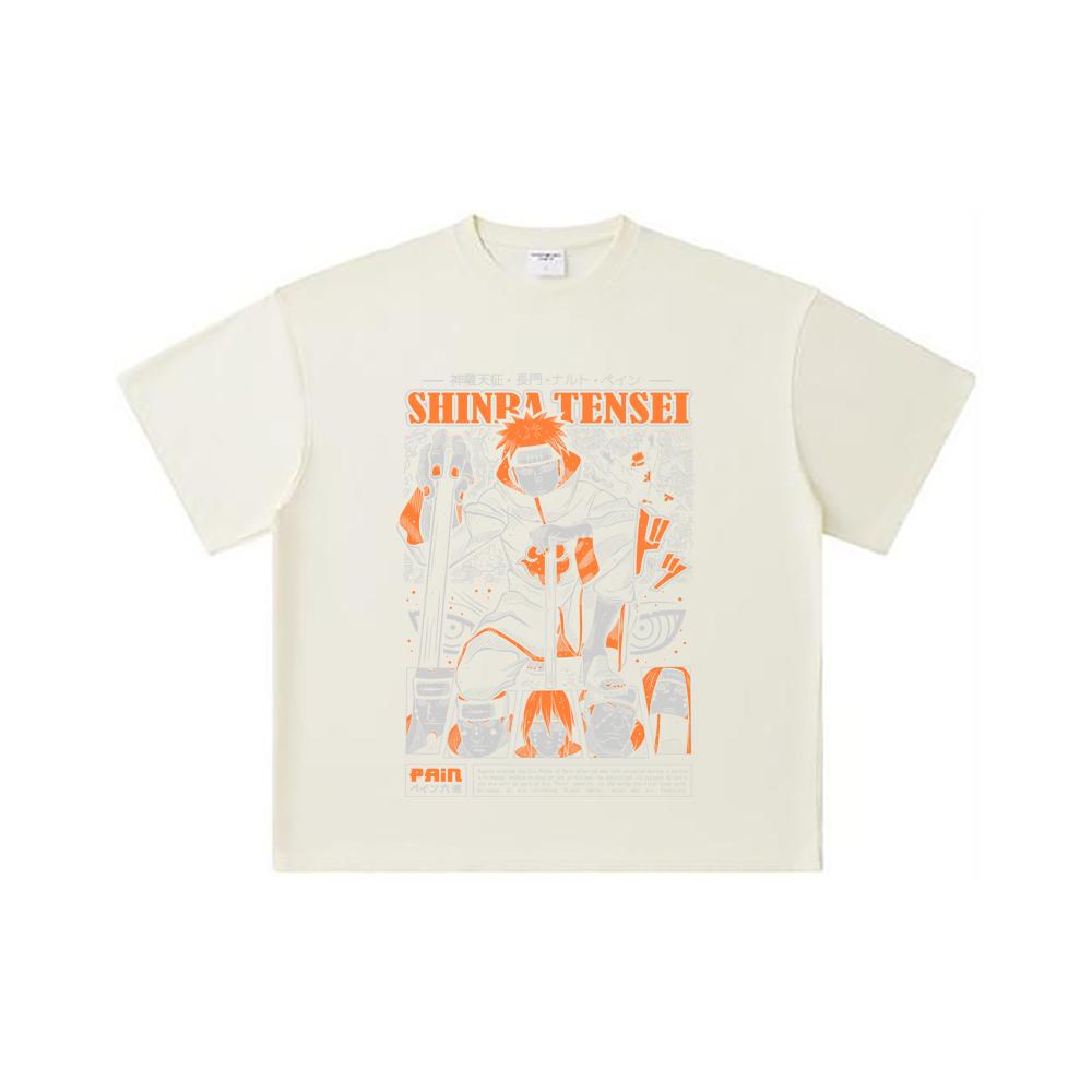 260 GSM Çift İplik 32 Numara %100 Pamuk Naruto V21 Pain Baskılı Unisex Ağır Pamuk Tişört