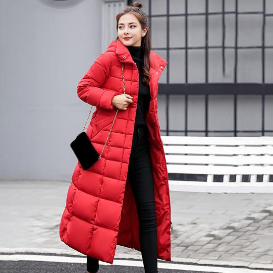 Winter Cotton Jacket Detachable Hood Neck Protection Long Sleeves Pockets Knee Length Zipper Closure Padded Coat Solid Color Windproof Outwear Parka