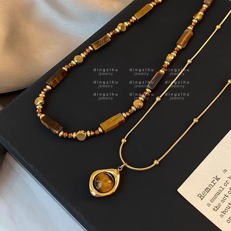 Retro Tiger-eye Stone Beaded Necklace - New Autumn-winter Style. Layered with High-end Sweater Chains, Collar Chains and Necklaces.