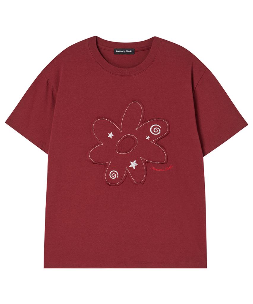AWESOME STUDIO Flower Patchwork Short Sleeve T-Shirt Wine