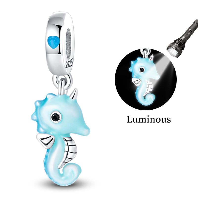 925 Silver Blue Little Seahorse Charms Pendant Sparkling CZ Zircon Dangle Fit Bracelet DIY Women Jewelry