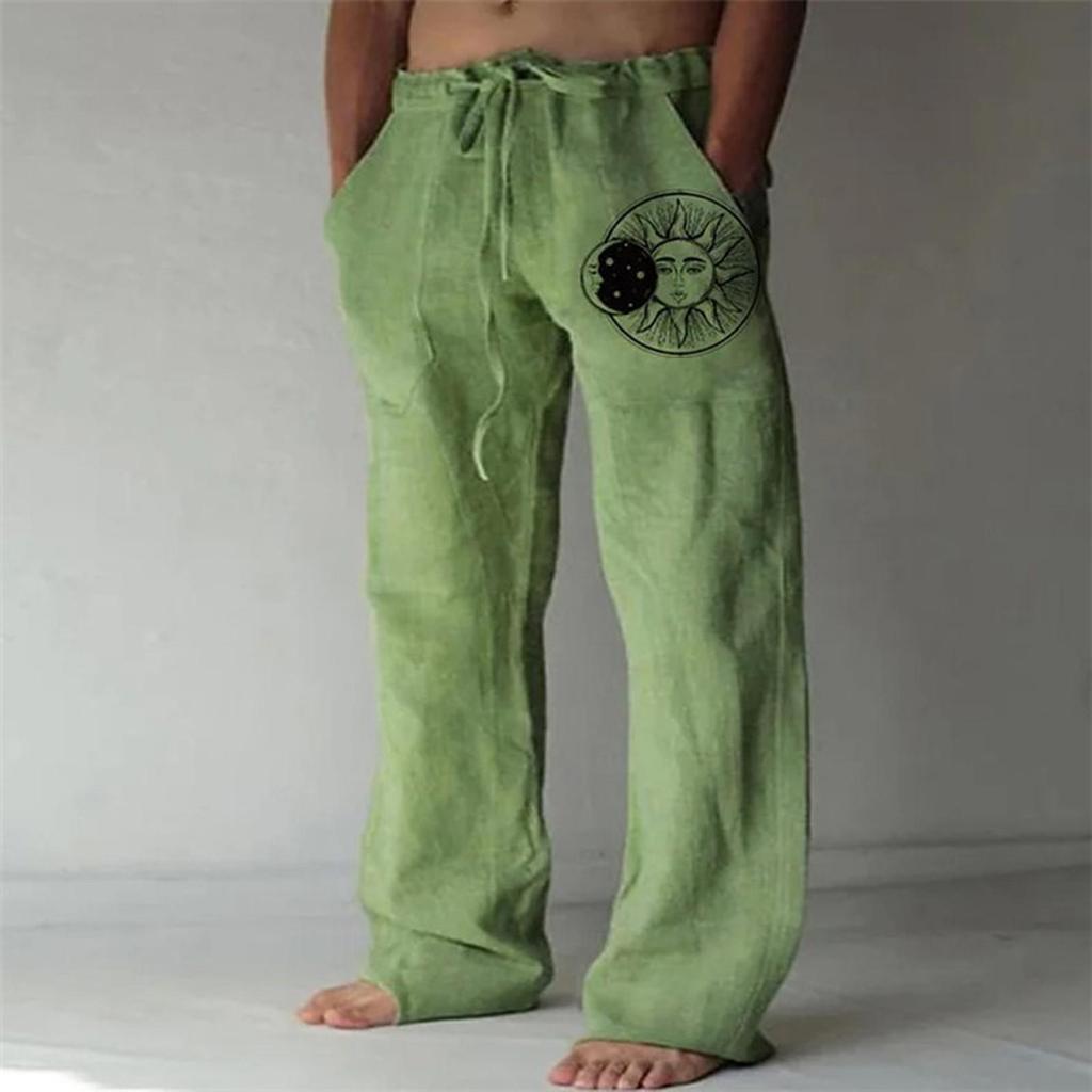 Solid Casual Loose Mens Fashion Color Comfortable Trousers Cotton Linen Printed Trousers