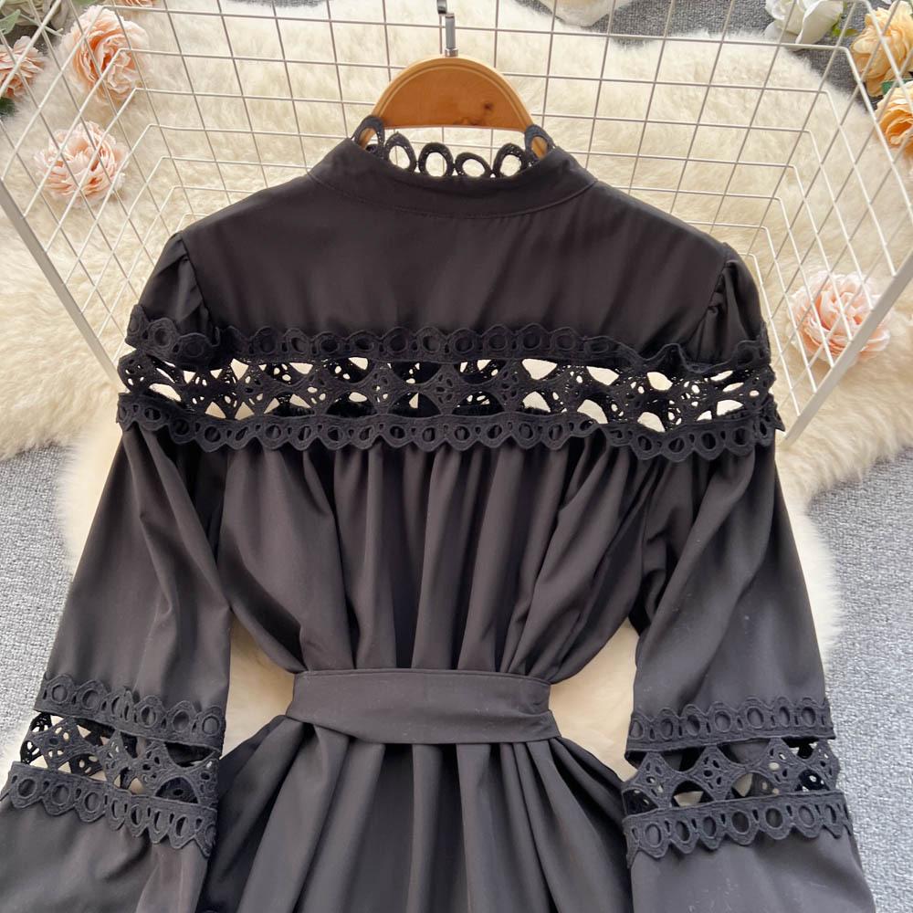 Spring Vintage Lace Hollow Out Long Lantern Sleeves Single Breasted Dress Casual Women A-LINE Autumn Dresses