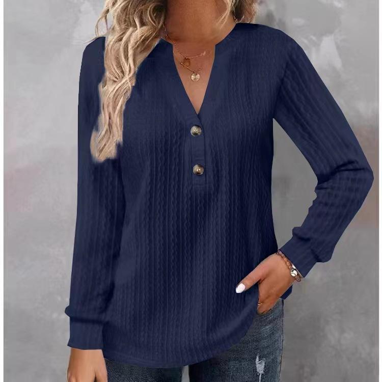 Women Long Sleeve Henley Tunic Top Solid Ribbed Knit V Neck Button Casual Loose Blouse Shirt