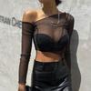 Mesh crop tops voor dames, sexy doorzichtige T-shirts, lange mouwen, tee-tops, punk, schuine schouders, T-shirt, club streetwear