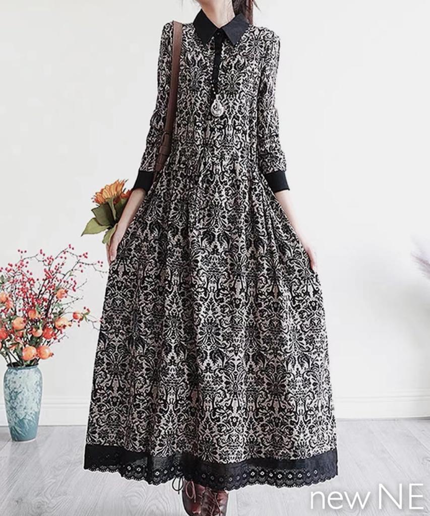 Floral Arabesque Print Retro Long Lace Long Plus Mori Girl Loose Floral Print [Newne] Dress, Style, Length, Hem, Waistband, Sleeves, Ruffles, Sizes,