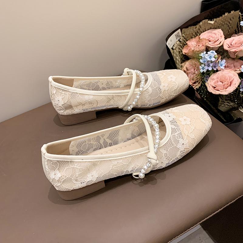Fashion 2024 Women's Lace Mary Jane Shoes Square Toe Ballet Flats Women's New Fashion Beaded Women's Shoes Spring Autumn