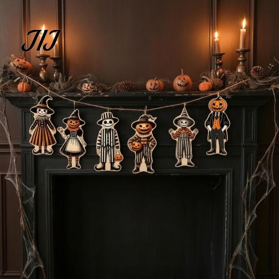 Halloween Wooden Ornaments 6Pcs Ornaments, Pumpkin Head Skeleton Character Hanging Decor with Figurines for Fireplace Rope, Pendant Party Window