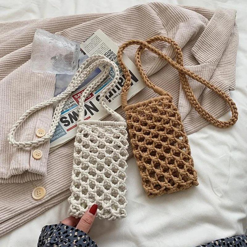 Damenmode Kleine Umhängetasche für Handy Einfarbig Gehäkeltes Aushöhlmuster Leichtgewichtige Geflochtene Schulterhandtasche Umhängetaschen
