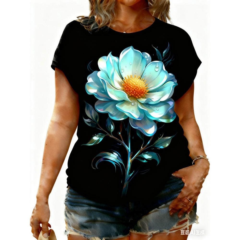 XL-7XL Übergröße Damen T-Shirts Damen O-Ausschnitt Mode Blume Patchwork Farbe Bedrucktes Top Kurzarm T-Shirt