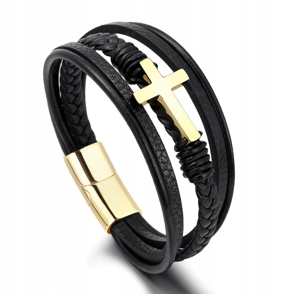 Men's Black Leather Bracelet with Braided Gold Cross Surgical Steel