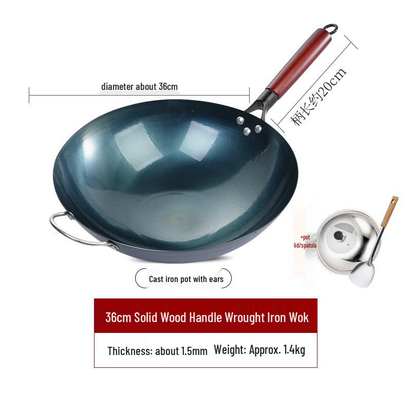 36cm Wrought Iron Round Bottom Wok with Lid and Spatula