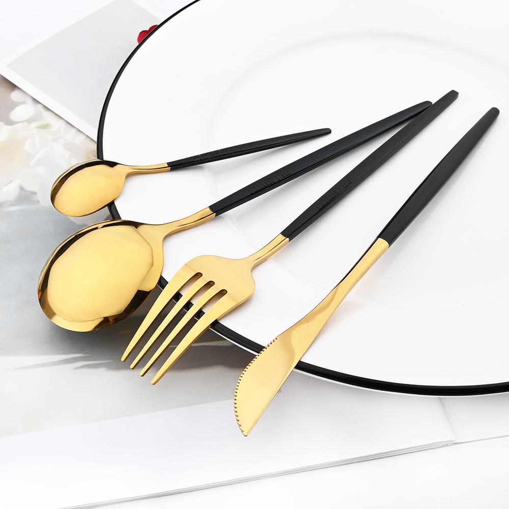 4Pcs Black Gold Western Dinnerware Set Stainless Steel Cutlery Set Fork Knife Spoon Tableware Set Flatware Set Silverware Set