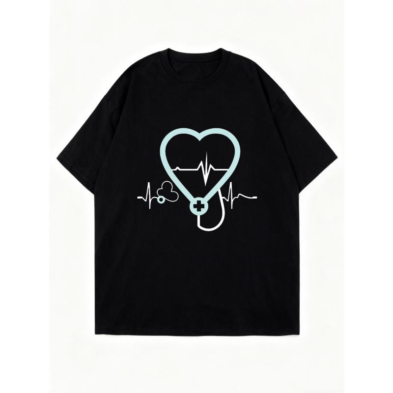 Oversized T-shirt Svart Hjärta EKG Stetoskop Tryck För Vardagsbruk