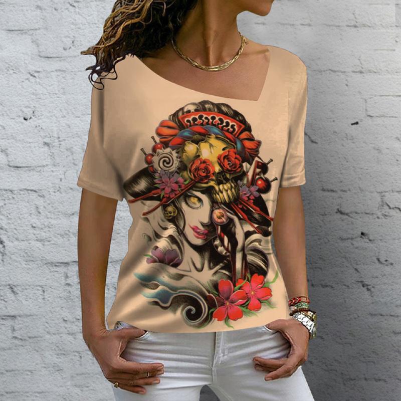 2023 Summer Vintage Skull Face Women's T Shirt Tops V Neck Casual Cotton Short Sleeve Pullover Female Harajuku Punk Streetwear