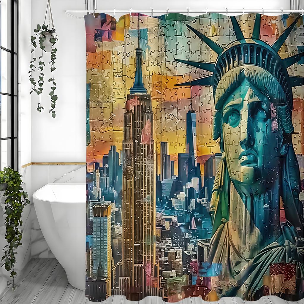 Statue of Liberty Puzzle Shower Curtain, Bathroom Decorative Shower Curtain, Waterproof Shower Curtain with Hooks