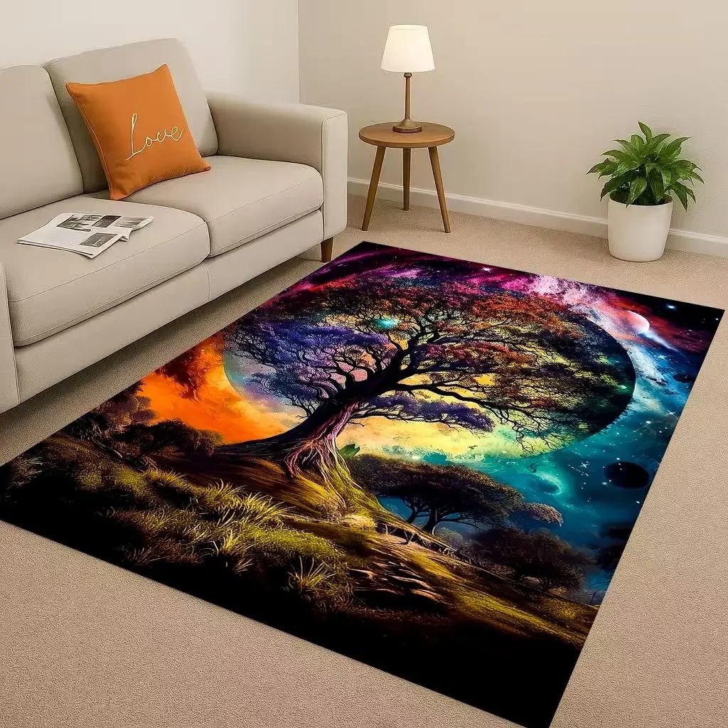 3D Bunter Baum des Lebens Yggdrasil Keltisches Runen Wohnzimmer Rutschfester Teppich für Schlafzimmer Spielzimmer Sofa, Heimdekoration Fußmatte