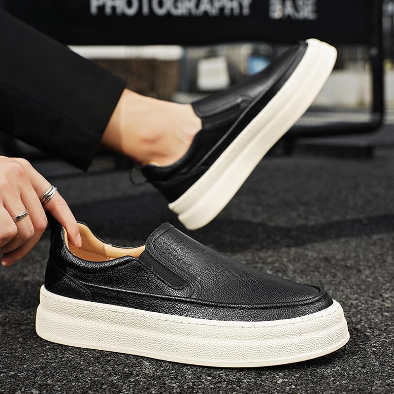 Fashion Youth Latest Trend Men Leather Casual Outdoor Shoes Platform Loafers Slip-on High Quality White Minimalist Thick Bottom Sneakers