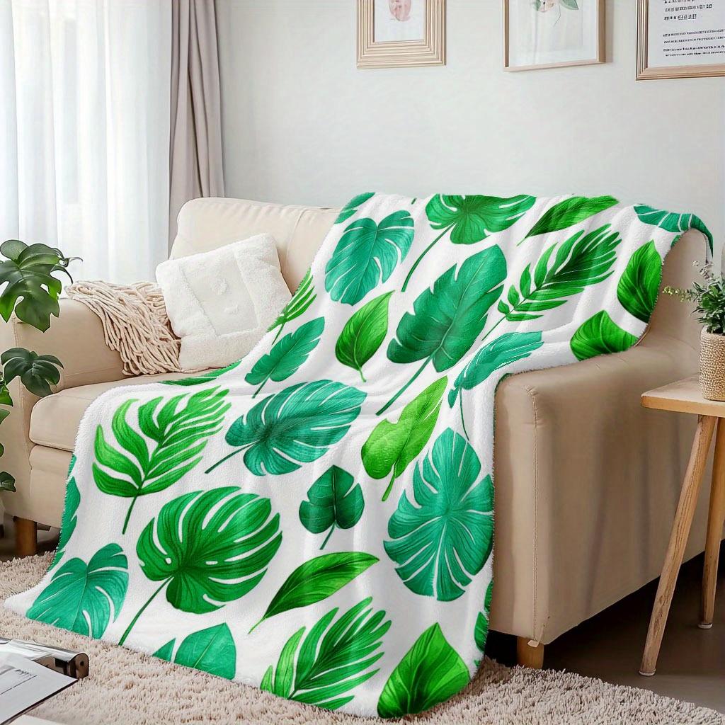 1pc tropical leaf print blanket, polyester fabric, machine washable, suitable for bedroom and living room decoration
