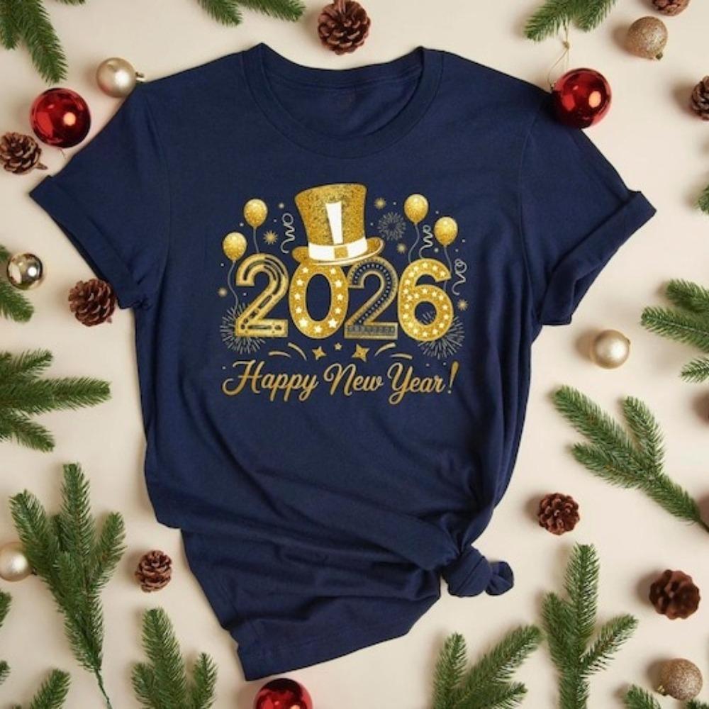 T-Shirt mit Neujahrsmotiv 2026 – Modisches Design für Damen und Herren – Lässiges Kurzarm-T-Shirt mit Rundhalsausschnitt und Aufdruck „Frohes Neues Jahr 2026“