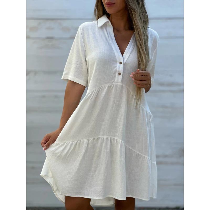 QICED Women's Fashion Summer Spring Solid Color Print V-Neck Short Sleeve Casual Dresses