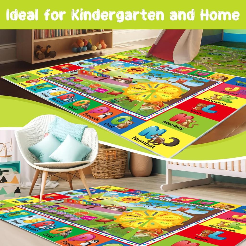 ABC Alphabet Spielteppich für Kinder, Lern-Bodenmatte mit Zahlen und Tieren, Teppich zum Lernen für Kleinkinder und Vorschulkinder