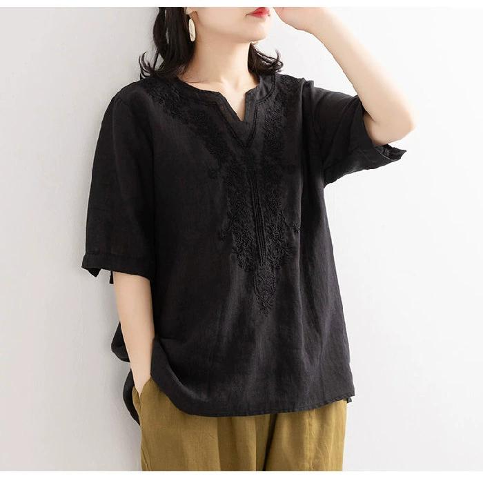 New Cotton Linen Embroidery V-neck Plus Size Shirt