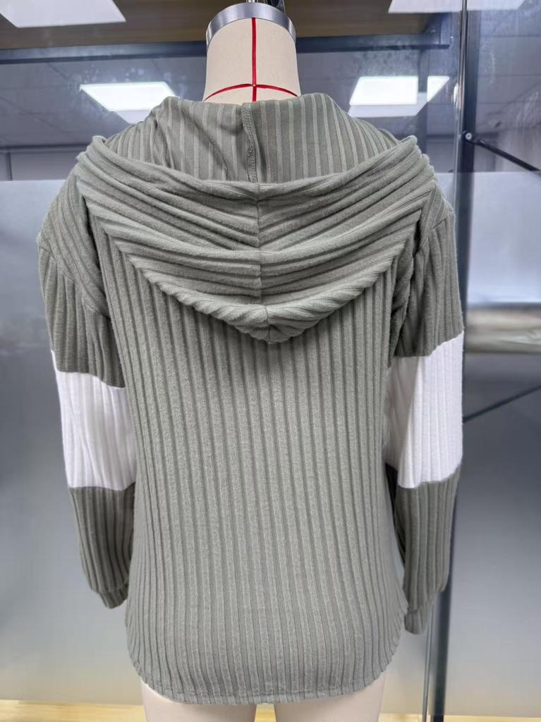 Women S Color Block Hooded Zip Up Casual Warm Knit Coat