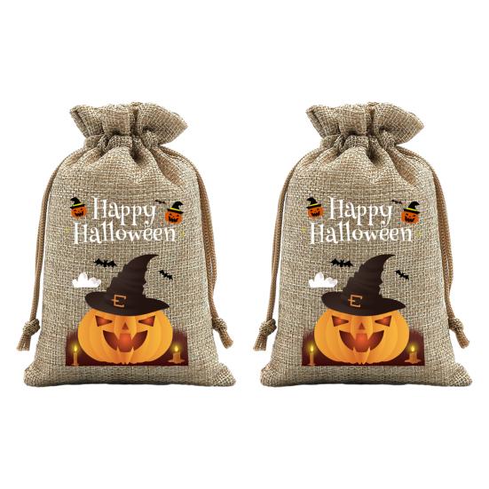 Halloween Party Supplies 2Pcs Pumpkin Drawstring Bags for Candy Treats, Retro Burlap Handmade Style Trick or Treat Bags, Portable Goodie Kids