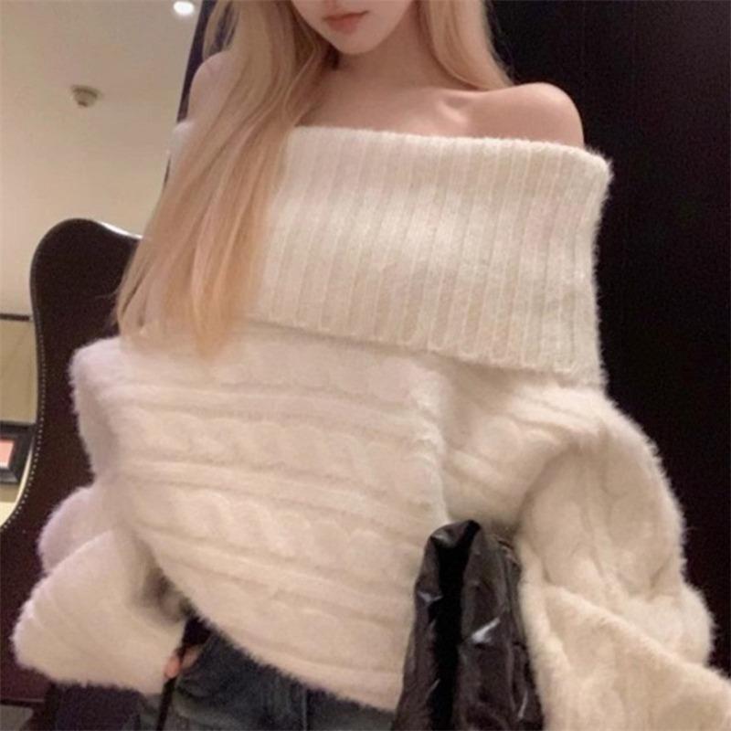 One-shoulder Twist Sweater for Women in Autumn and Winter New Style Thick Loose Lazy Soft Waxy Pullover Design Knitted Sweater