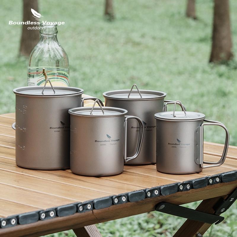 Pure Titanium Camping Cup With Foldable Handle Lid Portable Outdoor Water Bottle Hiking Coffee Tea Boiling