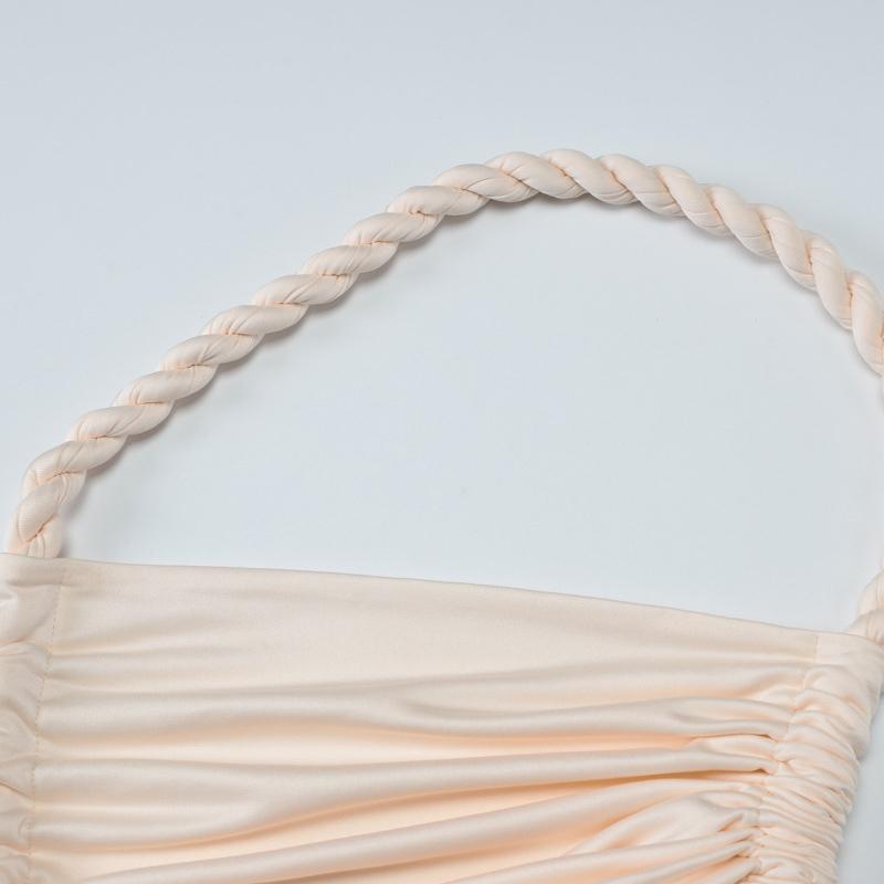 Fashion Asymmetrical Ruched Backless High Split Long Dress Woman Sexy Slant Shoulder Hemp Rope Hollow Out Summer Vacation Dresses