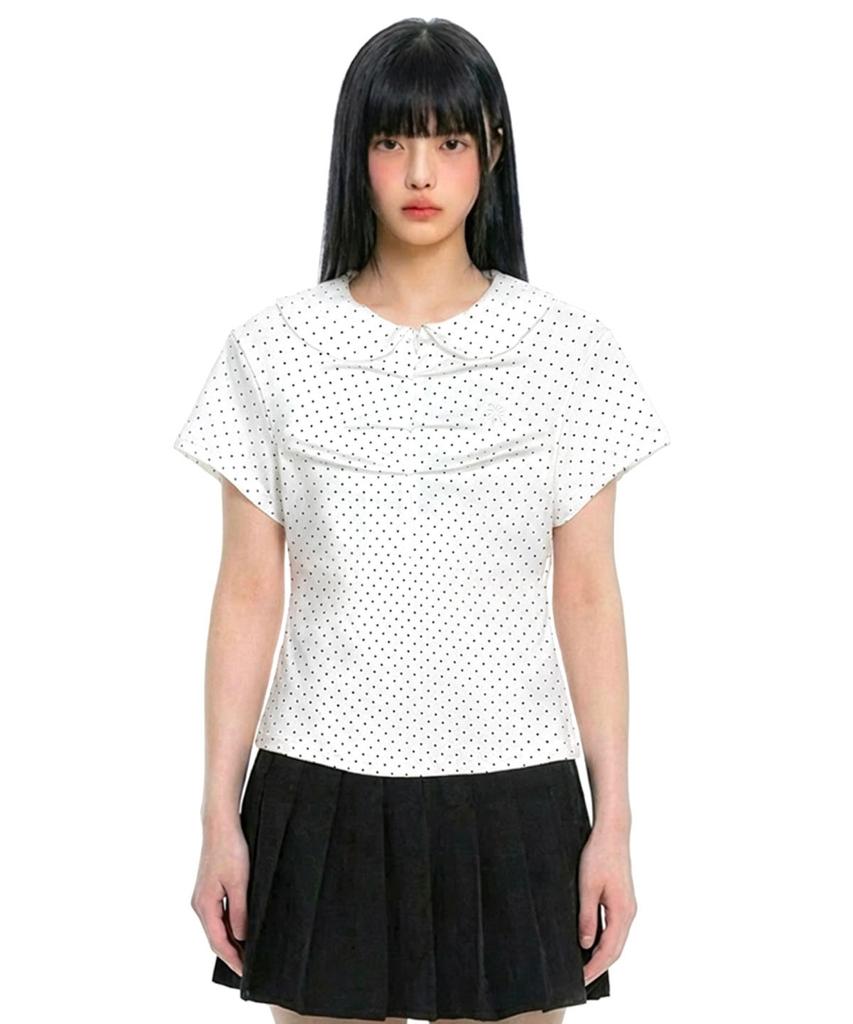 Damiswi Polka Dot Shirred Polo Shirt_White