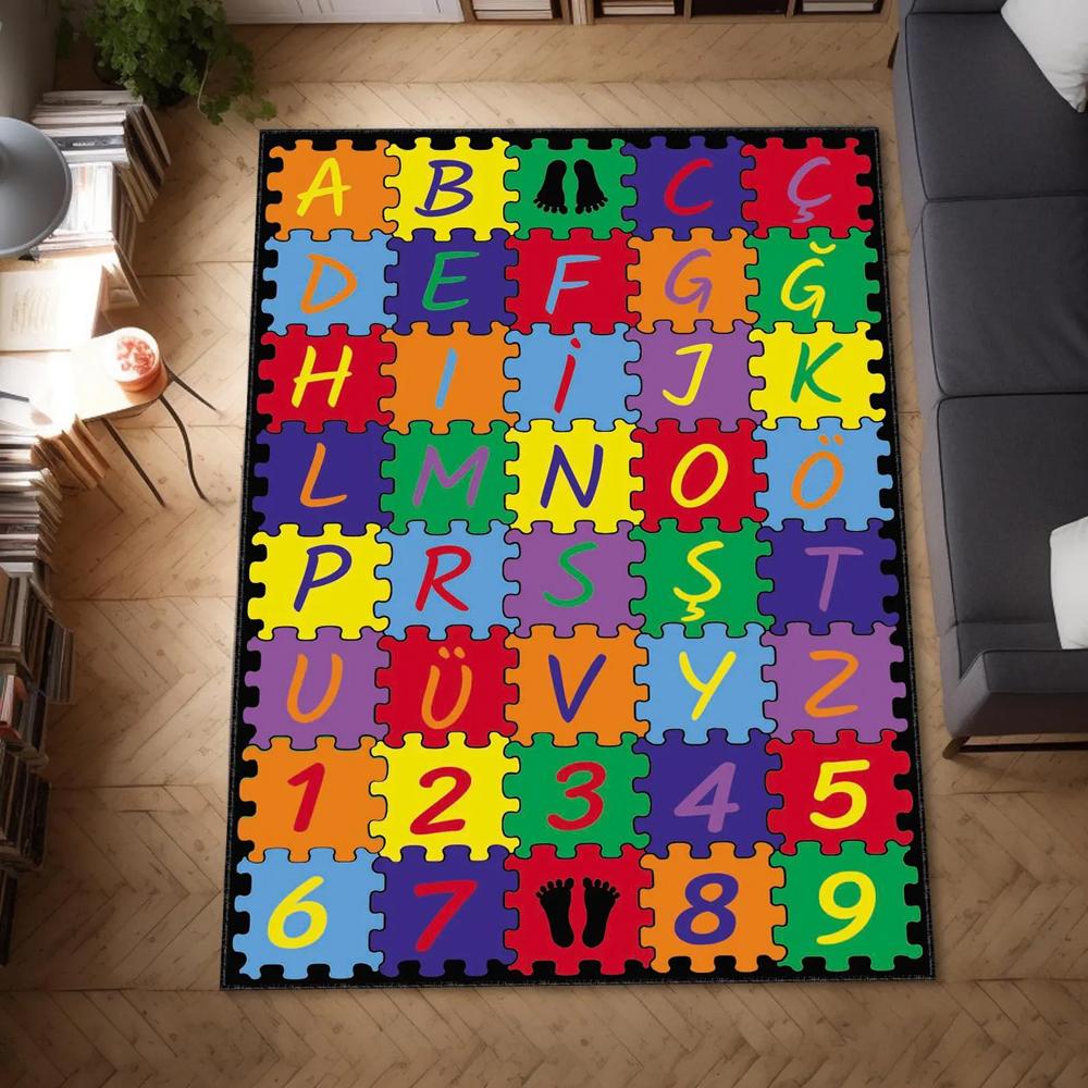 Colorful Alphabet and Number Puzzle Printed Floor Mat, Soft Rug for Kids Bedroom Playroom, Educational Home Decor Carpet