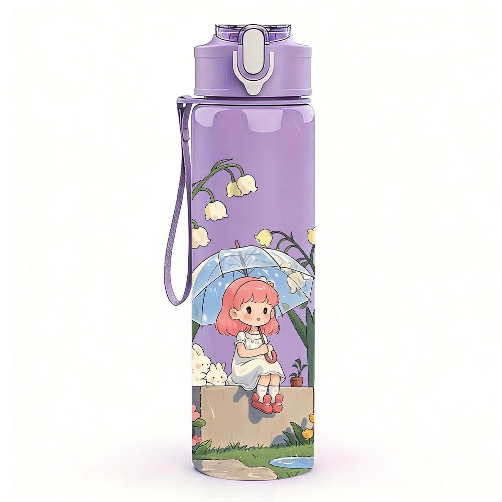 1PC Little Girl Garden Flower Scene Print 750ml Color Plastic Sports Water Bottle Leakproof Flip Straw Lid Suitable for Sports Office Home Use