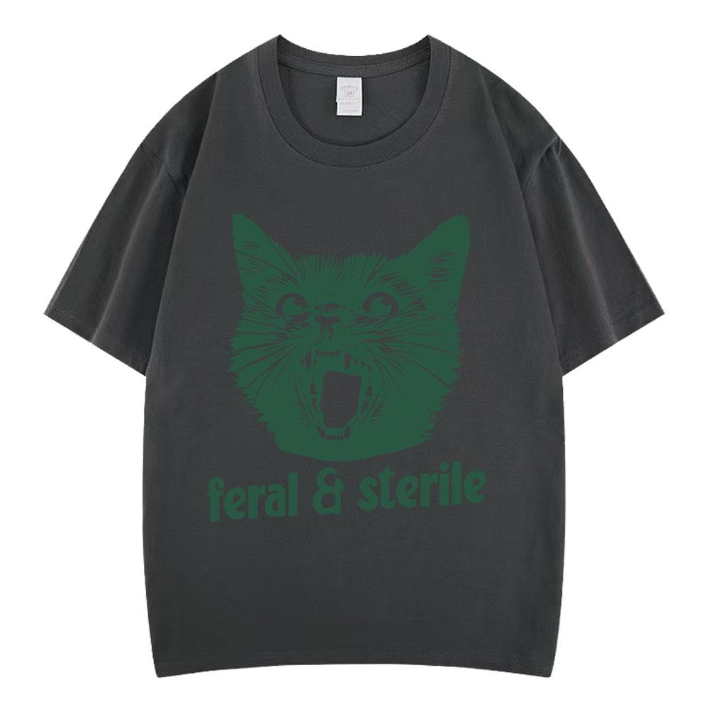 Feral and Sterile Funny Cat Meme Tees Humor Quote Novelty Tshirts Men Women Fashion Oversized Cotton Casual Harajuku Tshirts