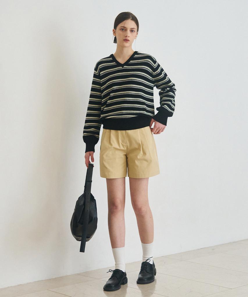 Deuloupisumeon Ripple Stripe Cotton V-Neck Knit [Brown]