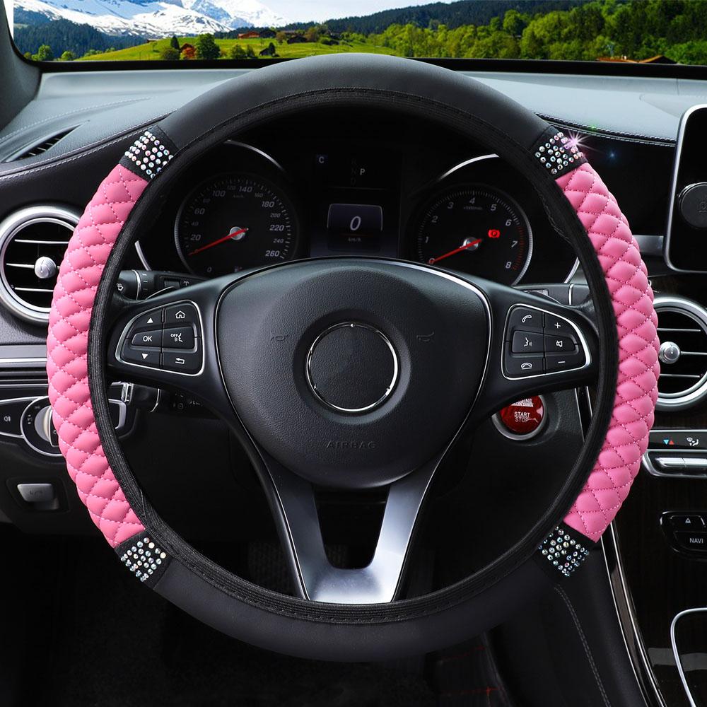 Universal Car Steering Wheel Cover 37-38cm Leather Embroidered Rhinestone Decorate Steering-Wheel Covers Auto