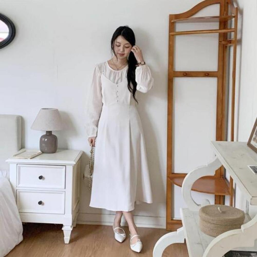 New Arrivals Open Run Women Button Decoration Long Dress And Shirring Blouse Set