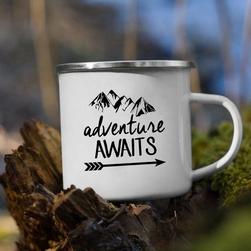 Enamel Camping Cups Adventure Awaits Camping Mugs Happy Campers Campfire Cup Outdoor Campervan Coffee Handle Mug Camper Van Gift