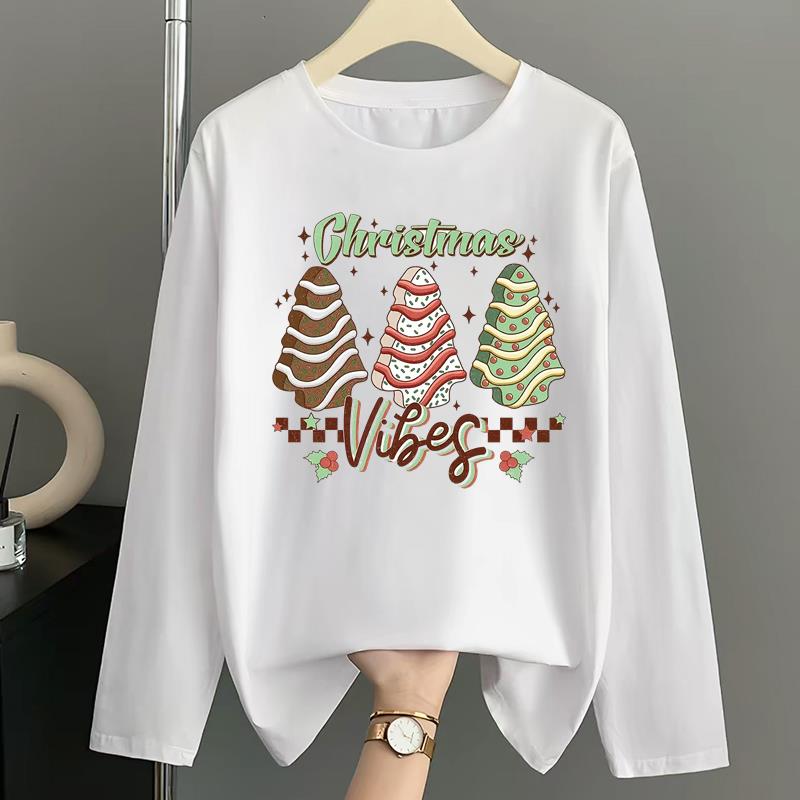 (Asian Size) Christmas New Year Graphic Tee Women Autumn Winter Spring Casual Fashion Top O-neck Clothing Print T Shirt Long Sleeve T-shirts