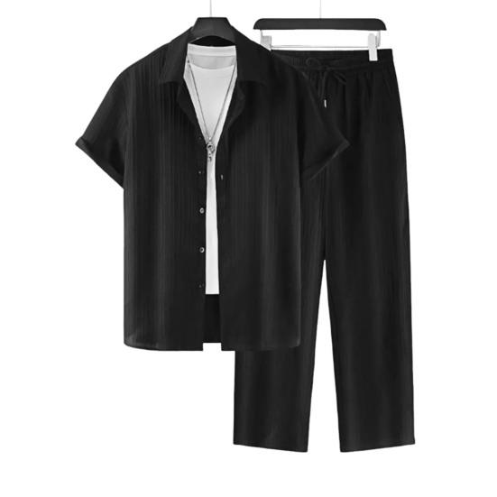 2Pcs/Set Men Casual Outfit Lapel Short Sleeve Single Breasted Shirt Elastic Waist Long Pants Set Solid Color Outfit