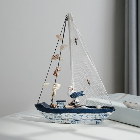 Hölzernes Segelbootmodell für die Küste Rustikale maritime Schiffsfigurine mit Muschel und Seestern Strand Meeres-Thema Tischdekoration für Wohnzimmer Schlafzimmer