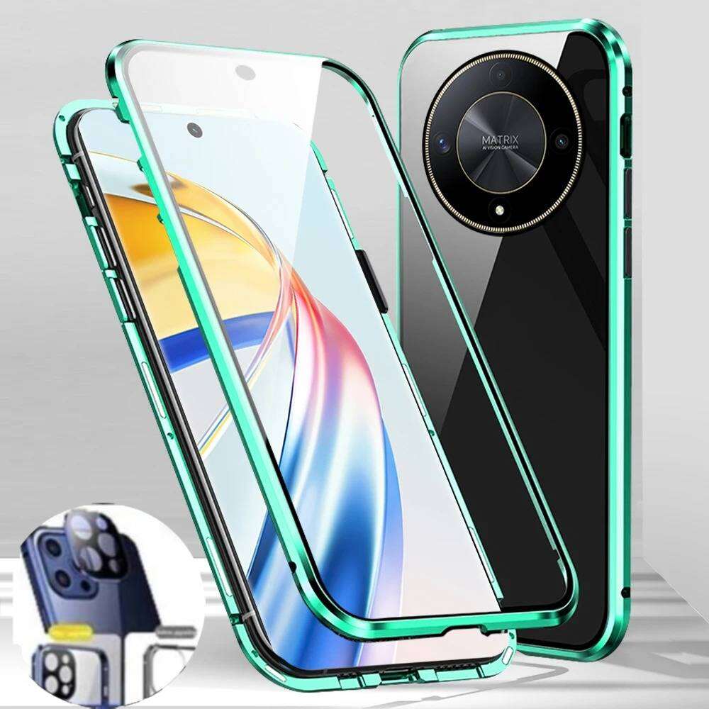 Magnetische Hülle für Huawei Honor X9d X9c X9b X9a 5G mit Metallrahmen, doppelseitigem gehärtetem Glas, vollständiger Linsenschutzabdeckung, Handy-Stoßfängern