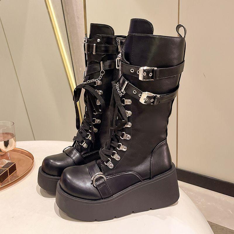 Zoet Cool Spice Girl Metaal Punk Stijl Platform Locomotief Laarzen Dames Nieuwe Helling Hak Hoge Ridder Laarzen