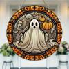Stained Glass Style Ghost and Pumpkin Print Round Wooden Hanging Plaque Indoor Outdoor Wall Decor Autumn Festive Home Party Decoration