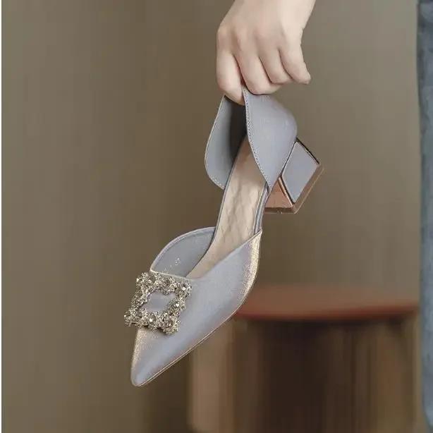Women's Spring and Summer New Pointy High Heels Metal Buckle Wine Red Light Mouth Thick Wedding Shoes